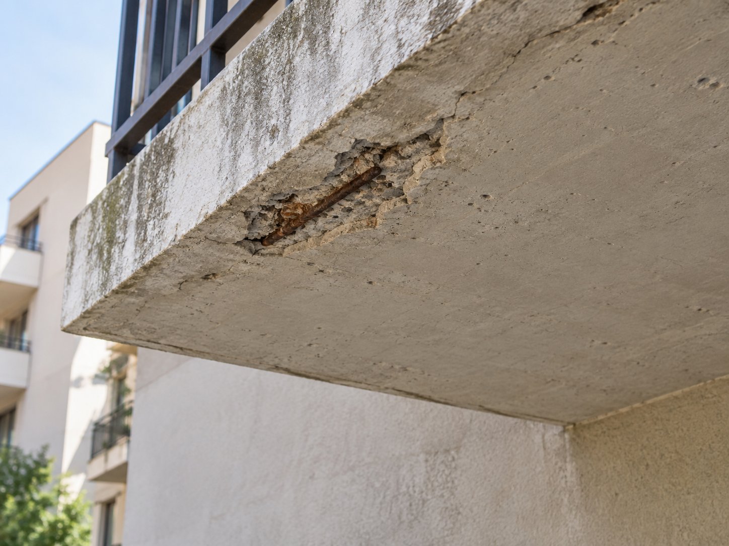 Éclat de béton laissant voir une armature rouillée sous un balcon