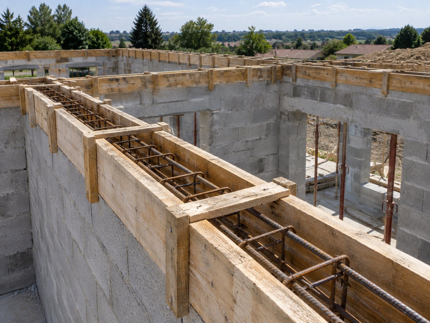 Coffrage et ferraillage d’un chaînage béton sur des murs en blocs