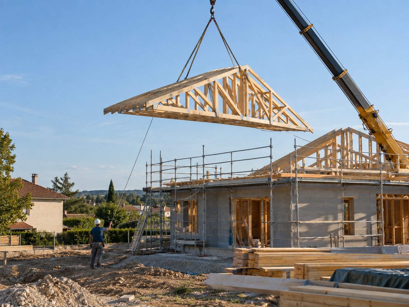 Levage d’une charpente par une petite grue au-dessus des murs
