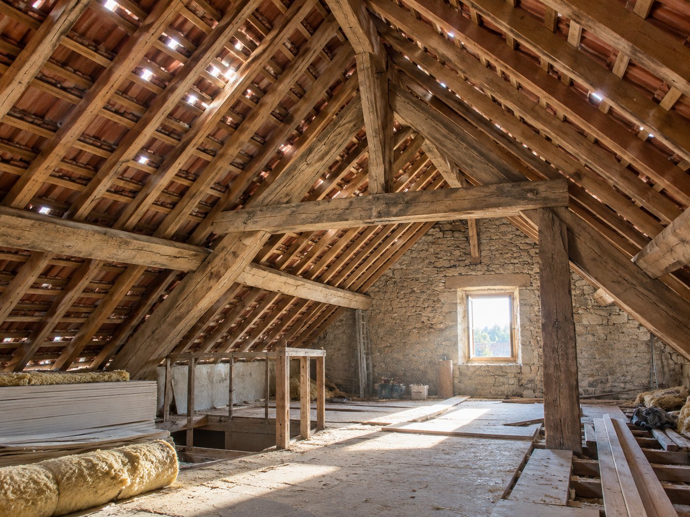 Charpente traditionnelle en bois dans des combles en rénovation
