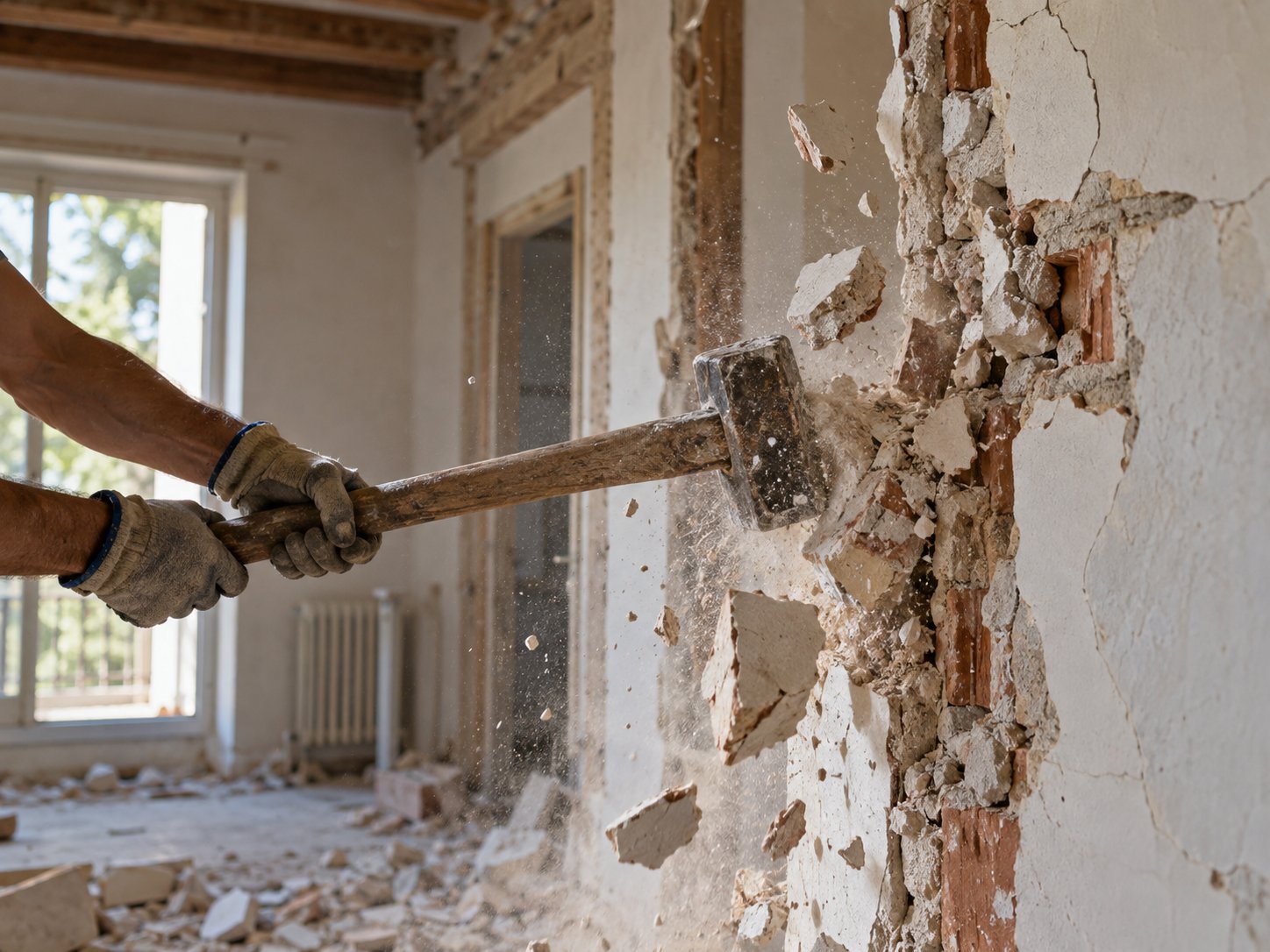 Démolition à la masse d’une cloison à l’intérieur d’une maison