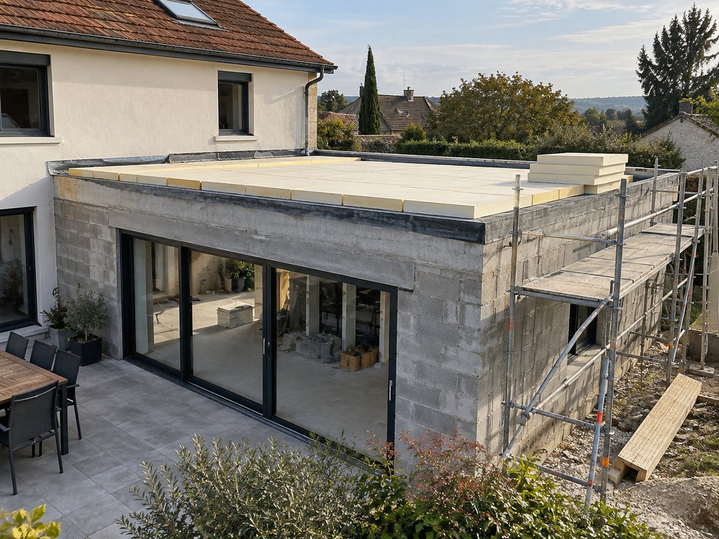 Extension à toit plat en dalle béton à l’arrière d’une maison