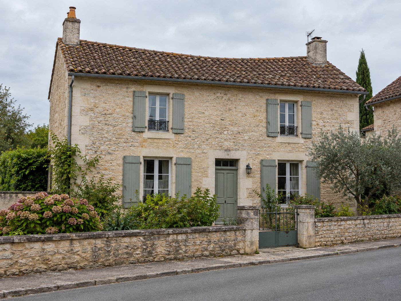 Toiture ancienne en tuiles à la ligne de faîtage légèrement affaissée