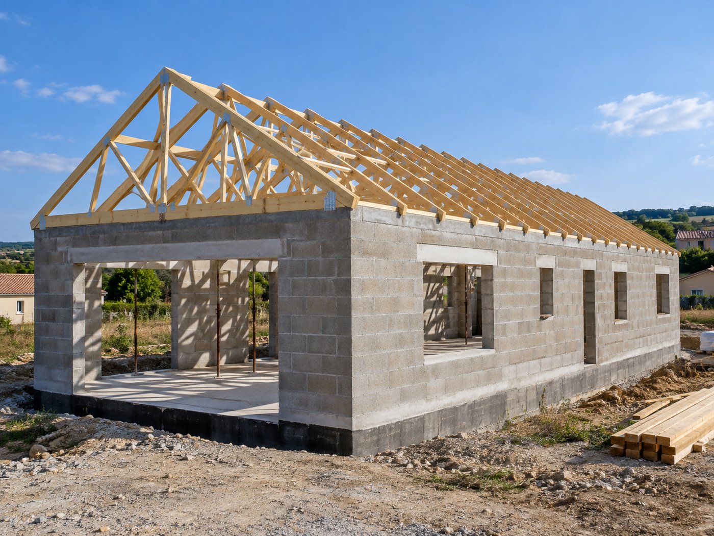 Fermettes de toiture posées sur les murs d’une maison de plain-pied