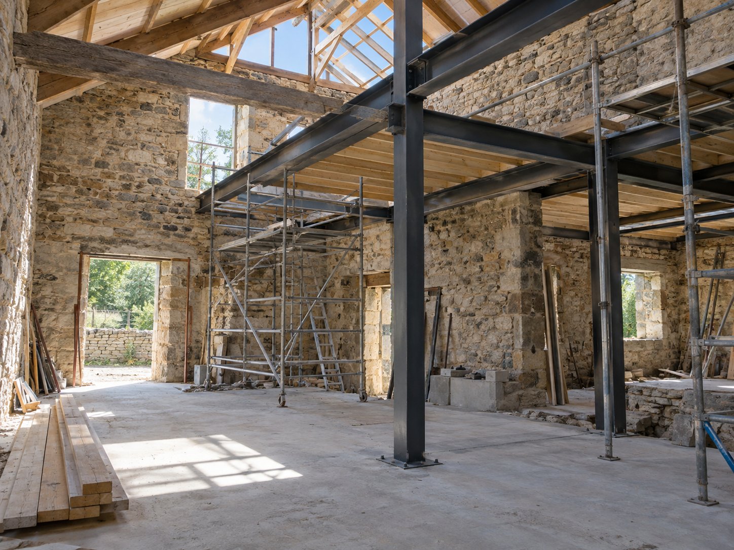Grange en pierre transformée avec nouveaux poteaux et poutres en acier