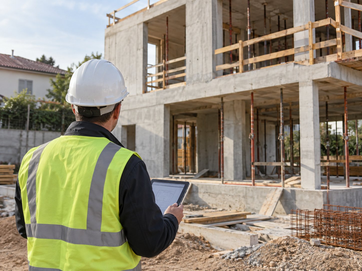 Ingénieur structure en visite sur une ossature béton de maison
