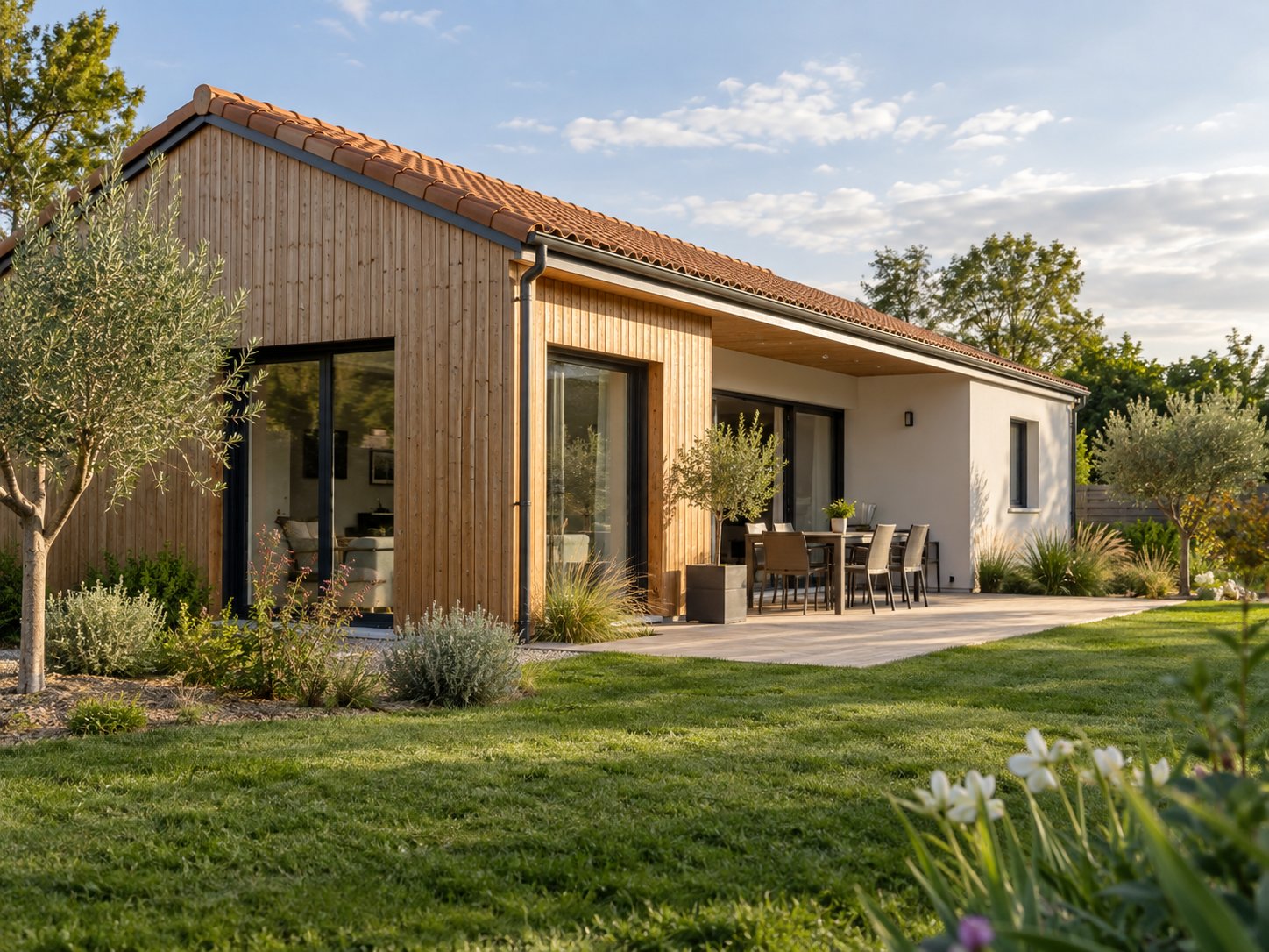 Maison de plain-pied à ossature bois avec bardage et toit en tuiles