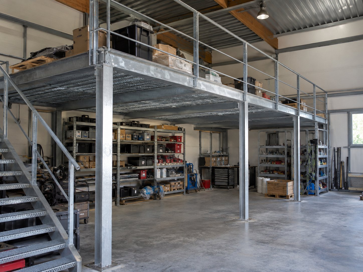 Mezzanine en acier dans un atelier avec poteaux et plancher caillebotis
