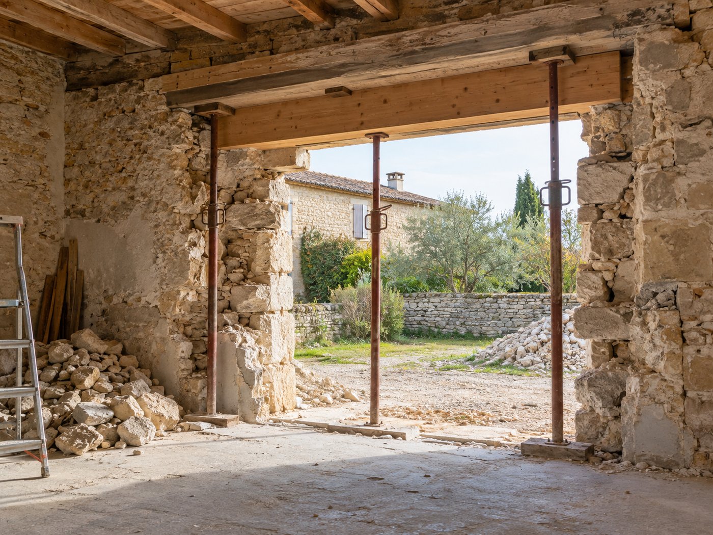 Ouverture dans un mur épais en pierre d’une ferme avec étaiement