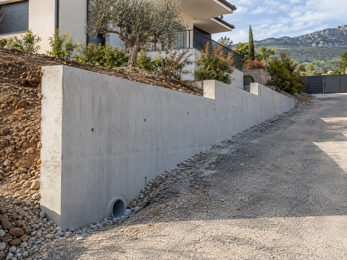 Mur de soutènement en béton armé le long d’une allée en pente