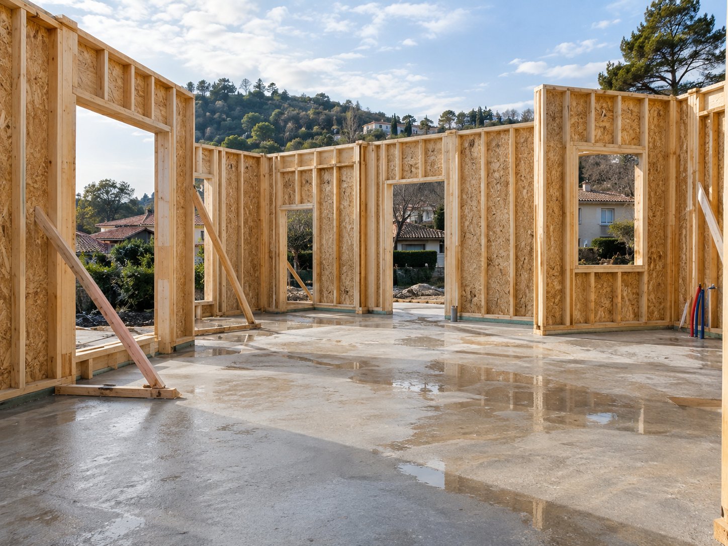 Murs à ossature bois avec panneaux OSB sur une dalle béton