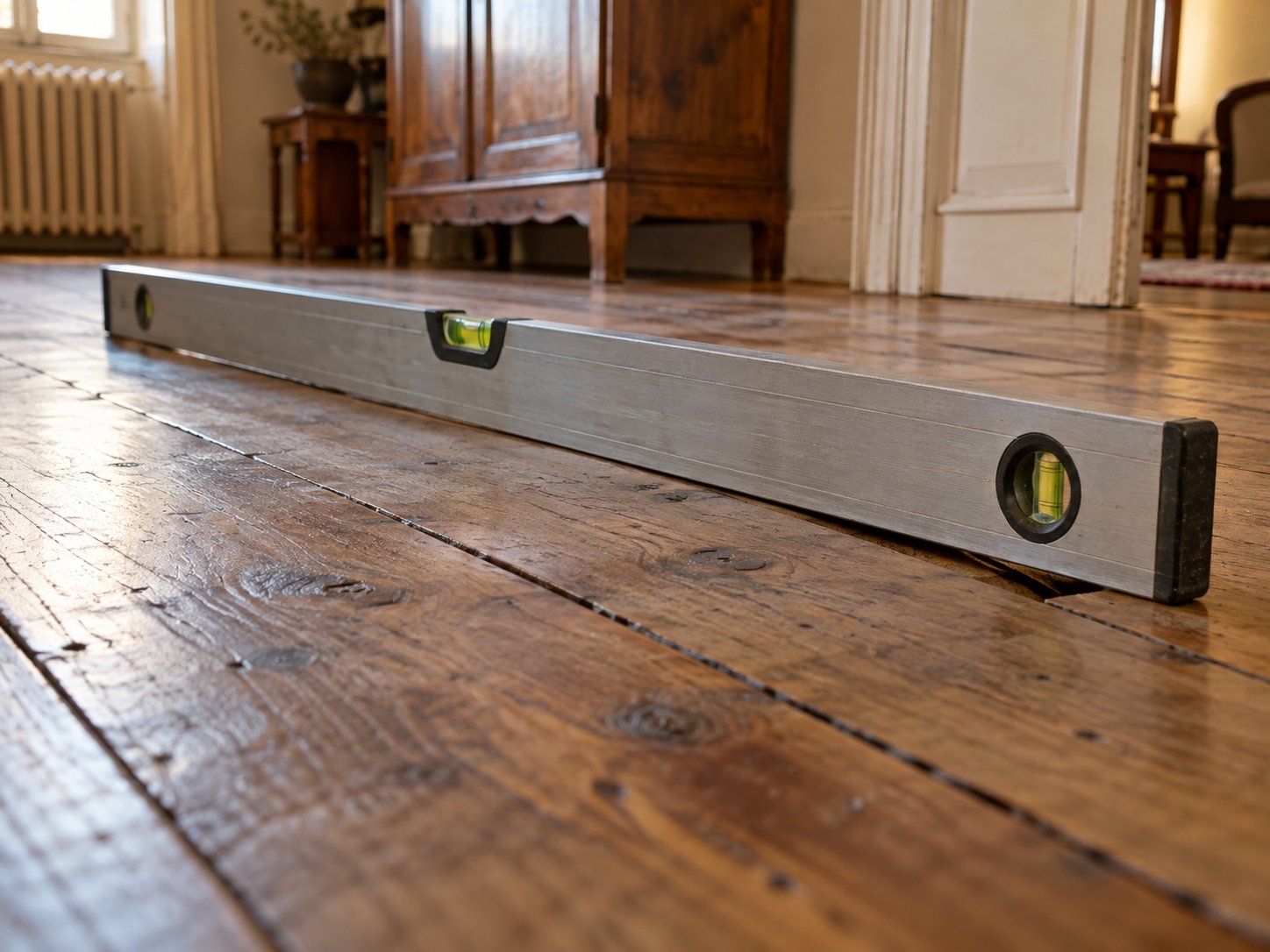 Niveau posé sur un plancher ancien révélant une flèche