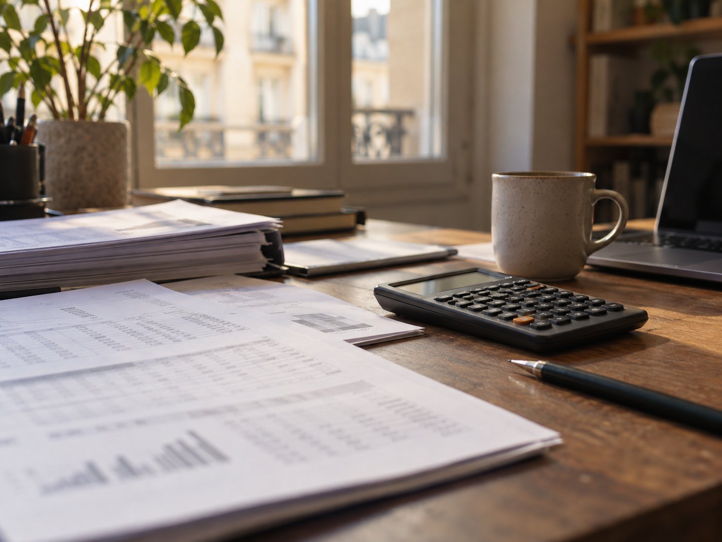 Bureau avec notes de calcul de structure et calculatrice