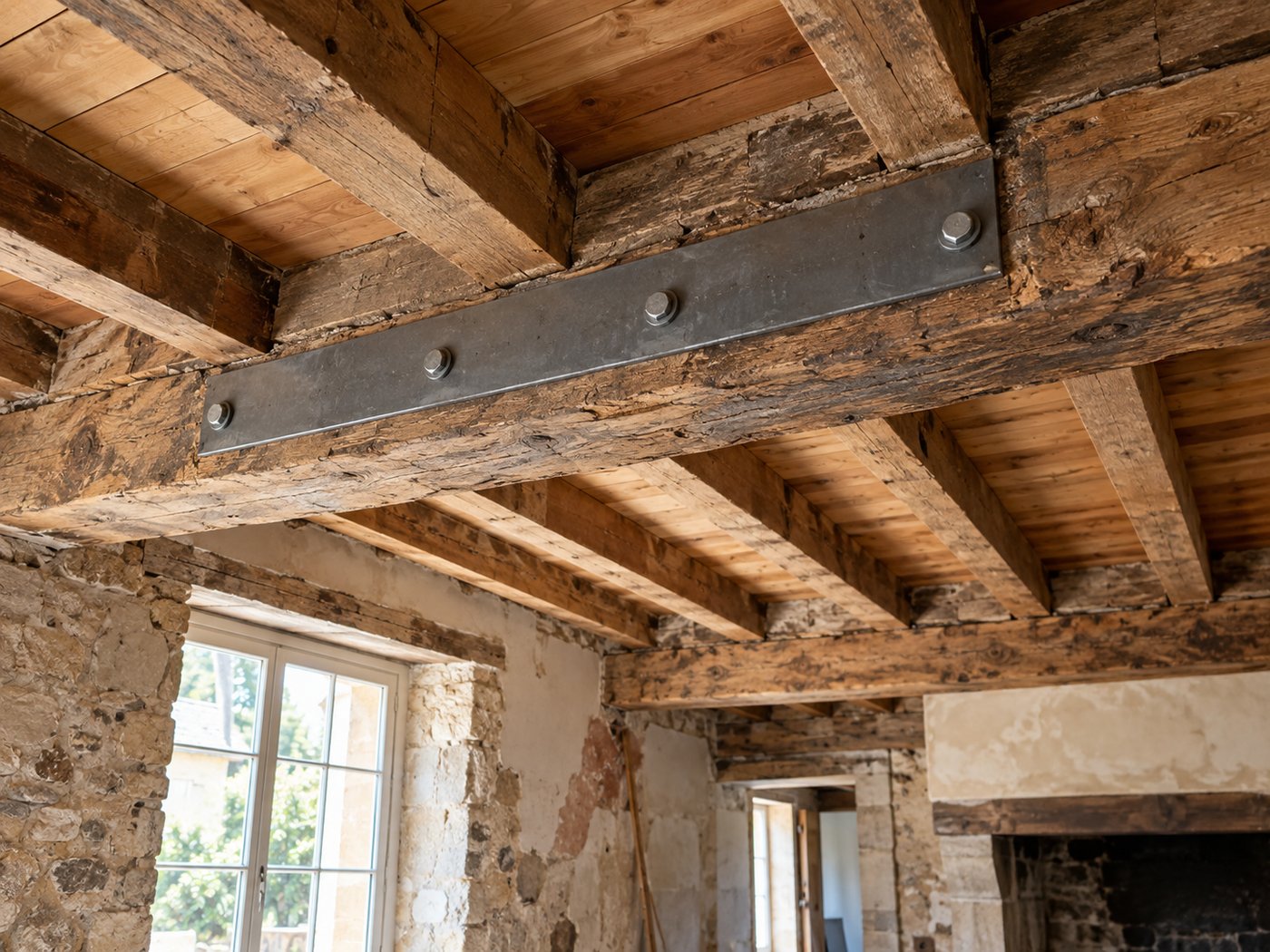 Solives de plancher en bois vues par-dessous avec renfort en plat acier