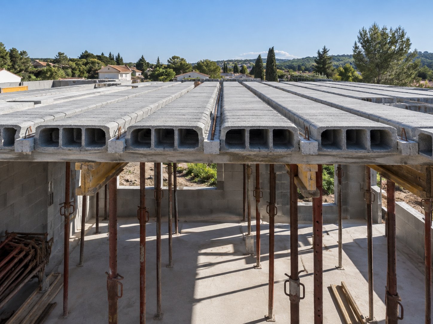 Plancher en poutrelles et hourdis béton d’une maison en construction