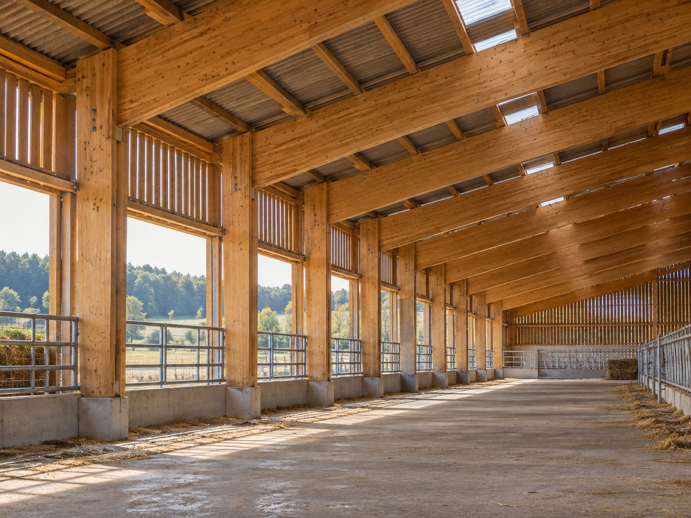 Poutres en lamellé-collé et poteaux dans un grand bâtiment