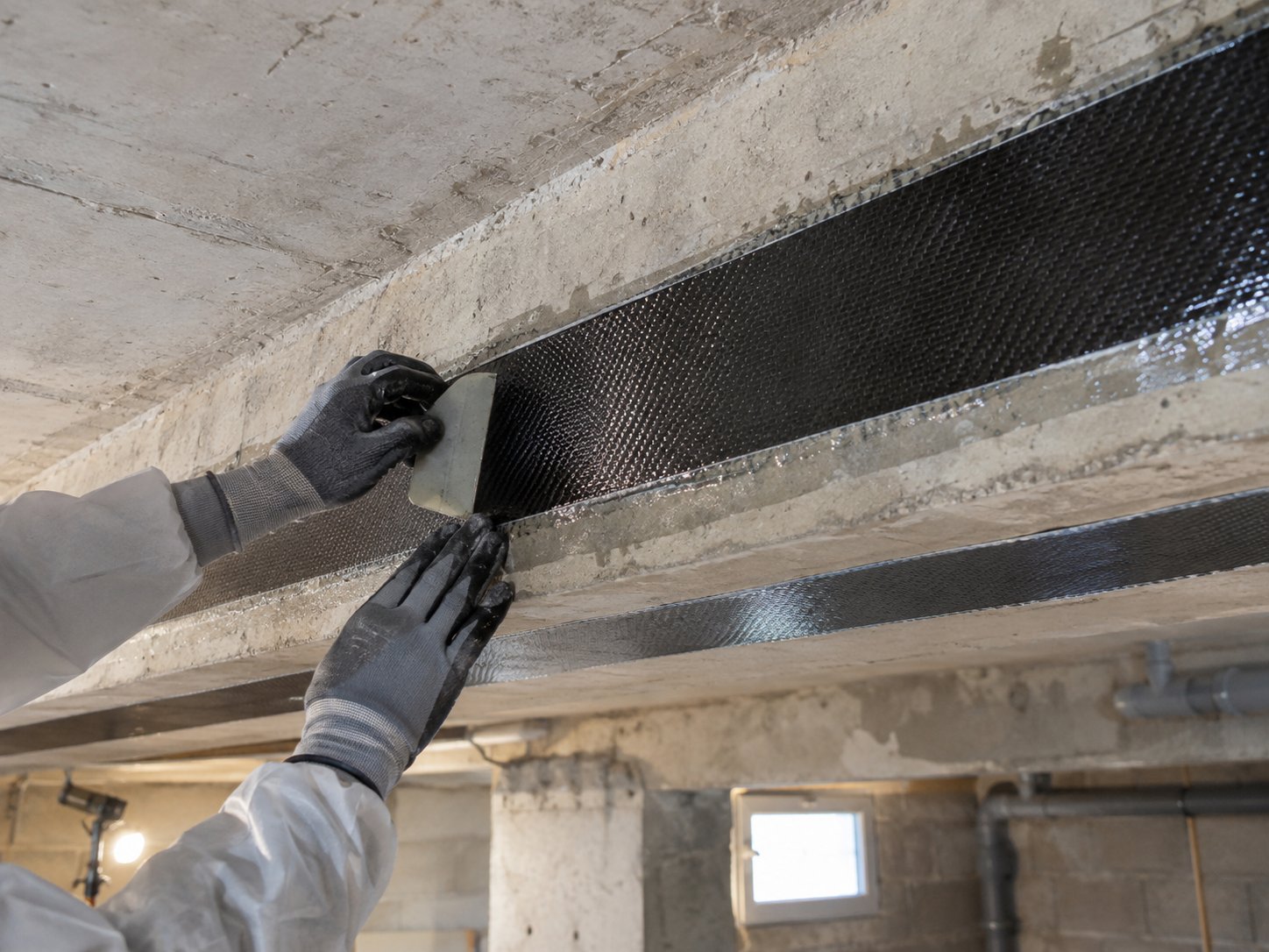 Bandes de fibre de carbone collées sous une poutre béton