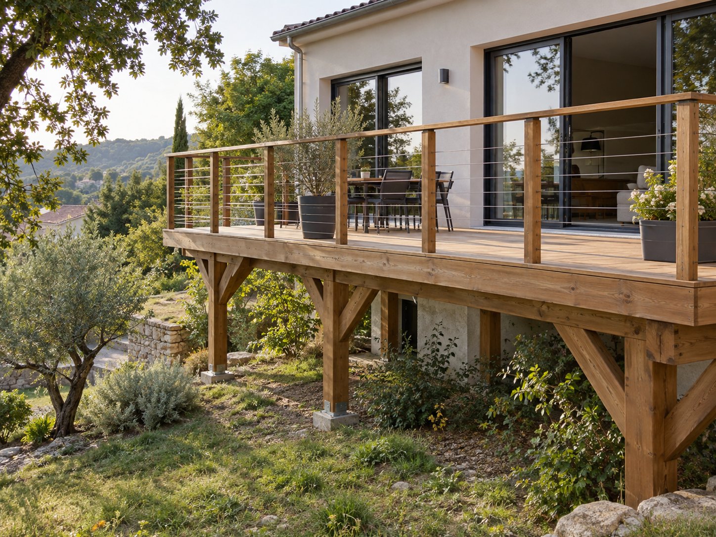 Terrasse surélevée en bois sur poteaux et poutres